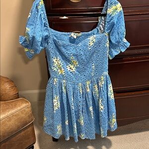 LoveShackFancy Blue Eyelet Mini Dress with Yellow Floral